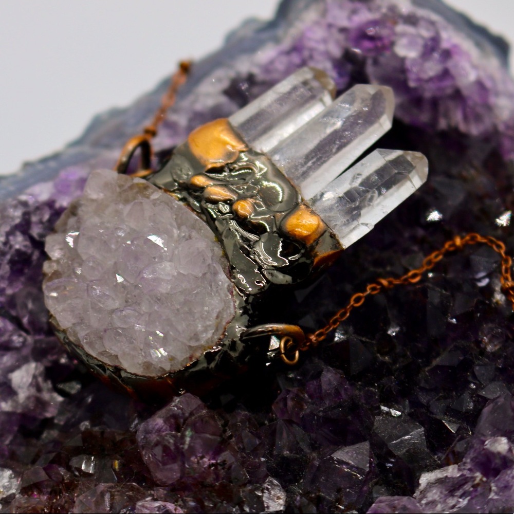 1 Authentic Amethyst Fatty + Triple Clear Quartz Point Necklace